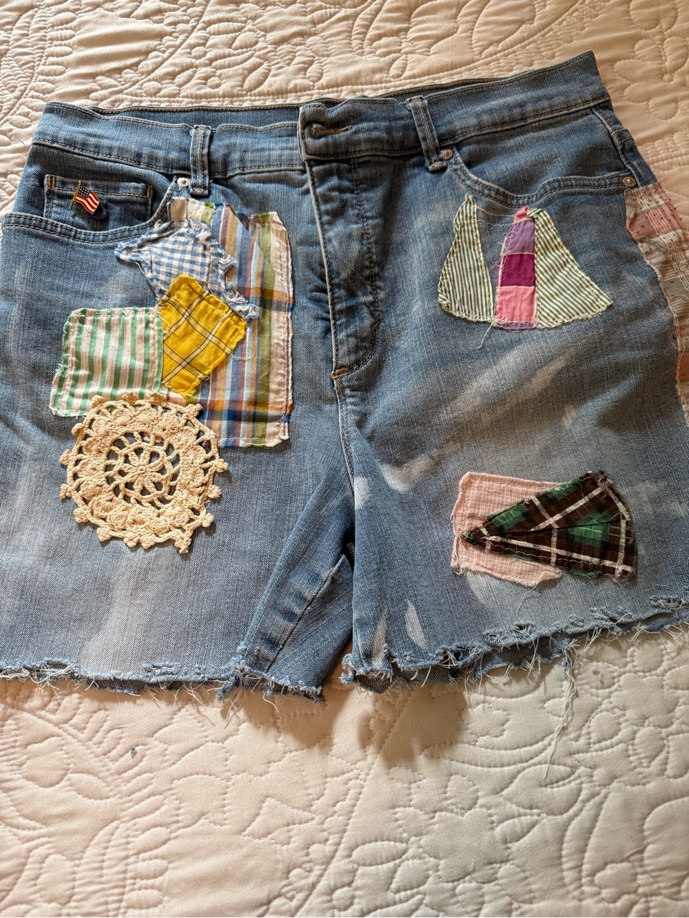Upcycled denim shorts size 12 patchwork doily